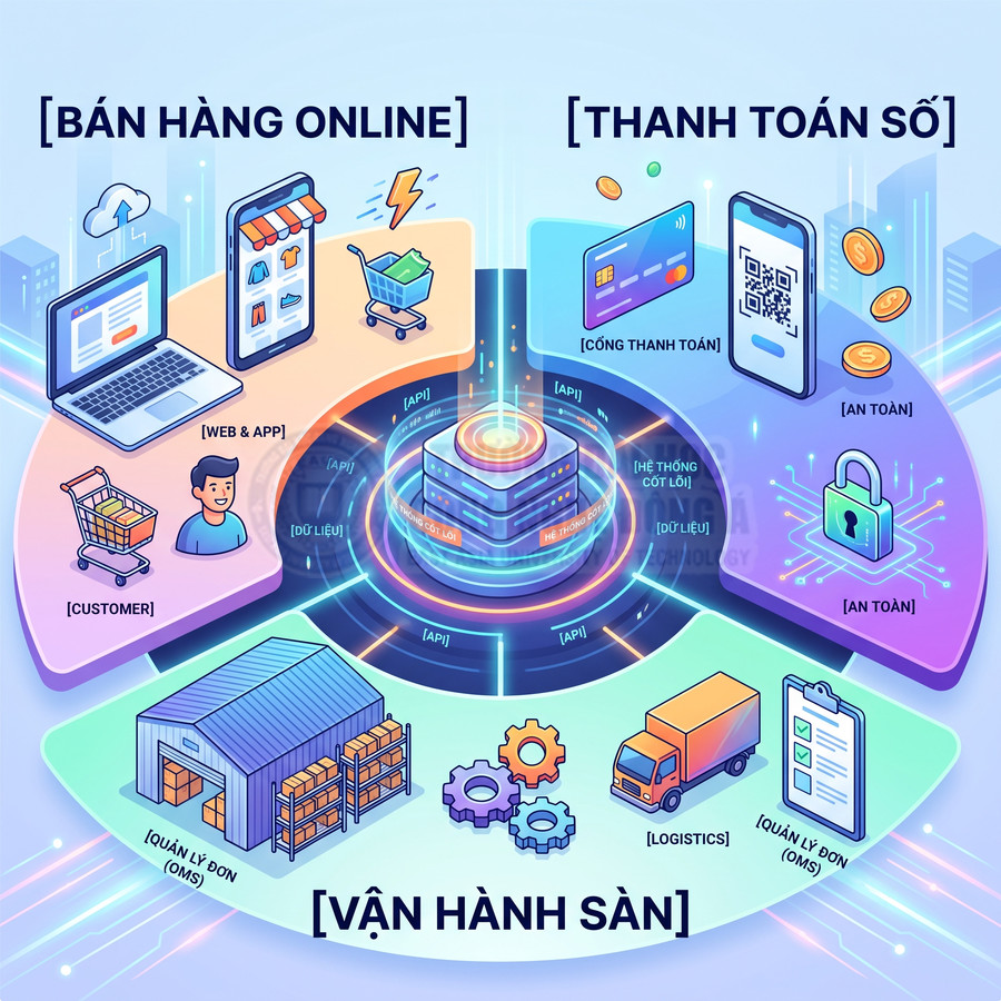 Mô hình hệ thống bán hàng online, thanh toán số và vận hành sàn thương mại điện tử với kho, logistics, cổng thanh toán