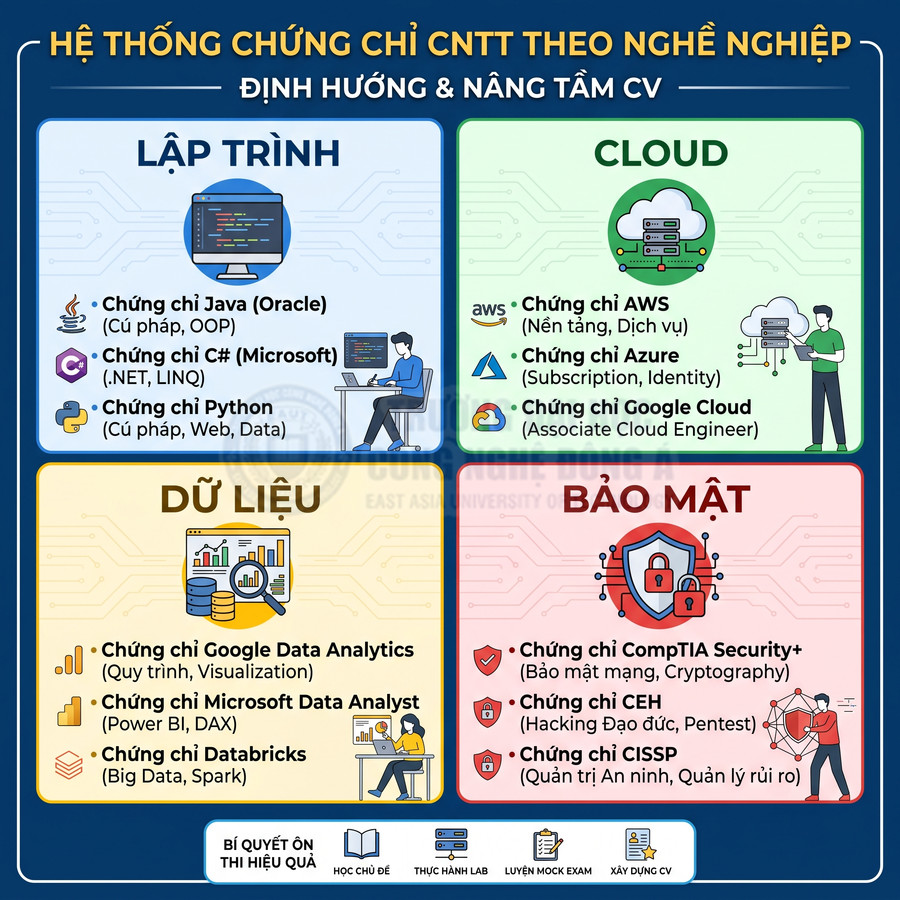 Hệ thống chứng chỉ CNTT theo nghề nghiệp gồm lập trình, cloud, dữ liệu, bảo mật và các chứng chỉ tiêu biểu