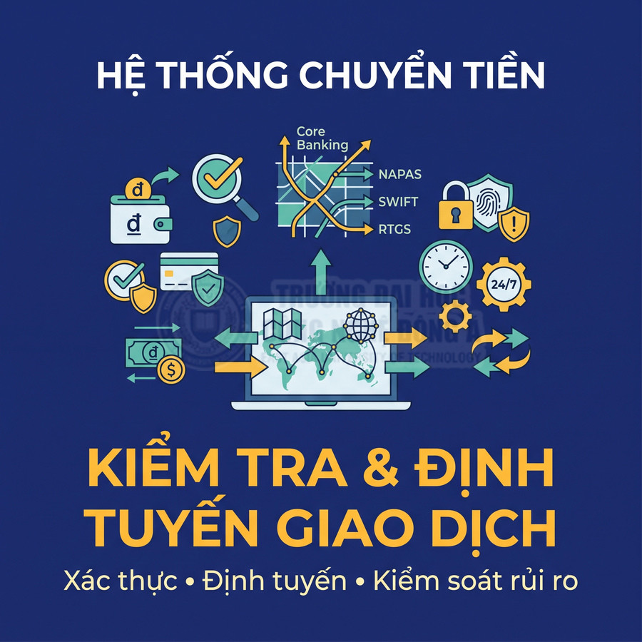 Hệ thống chuyển tiền với laptop hiển thị bản đồ, biểu tượng xác thực, bảo mật và định tuyến giao dịch ngân hàng