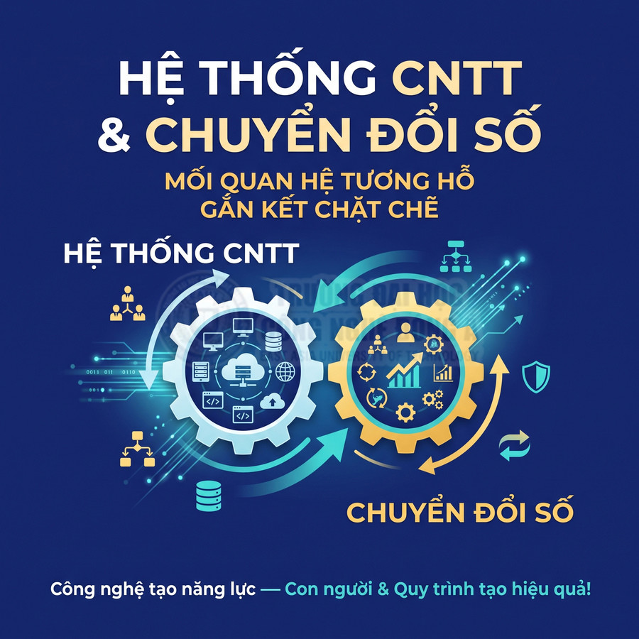 Minh họa hệ thống CNTT và chuyển đổi số với hai bánh răng kết nối, biểu tượng dữ liệu, công nghệ và quy trình doanh nghiệp.