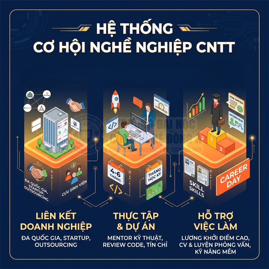 Hệ thống cơ hội nghề nghiệp CNTT với liên kết doanh nghiệp, thực tập dự án và hỗ trợ việc làm cho sinh viên