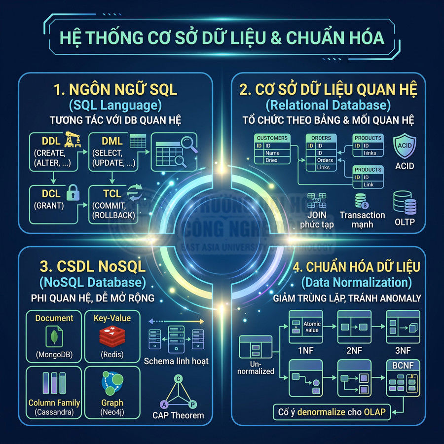 Sơ đồ hệ thống cơ sở dữ liệu minh họa SQL, cơ sở dữ liệu quan hệ, NoSQL và các bước chuẩn hóa dữ liệu
