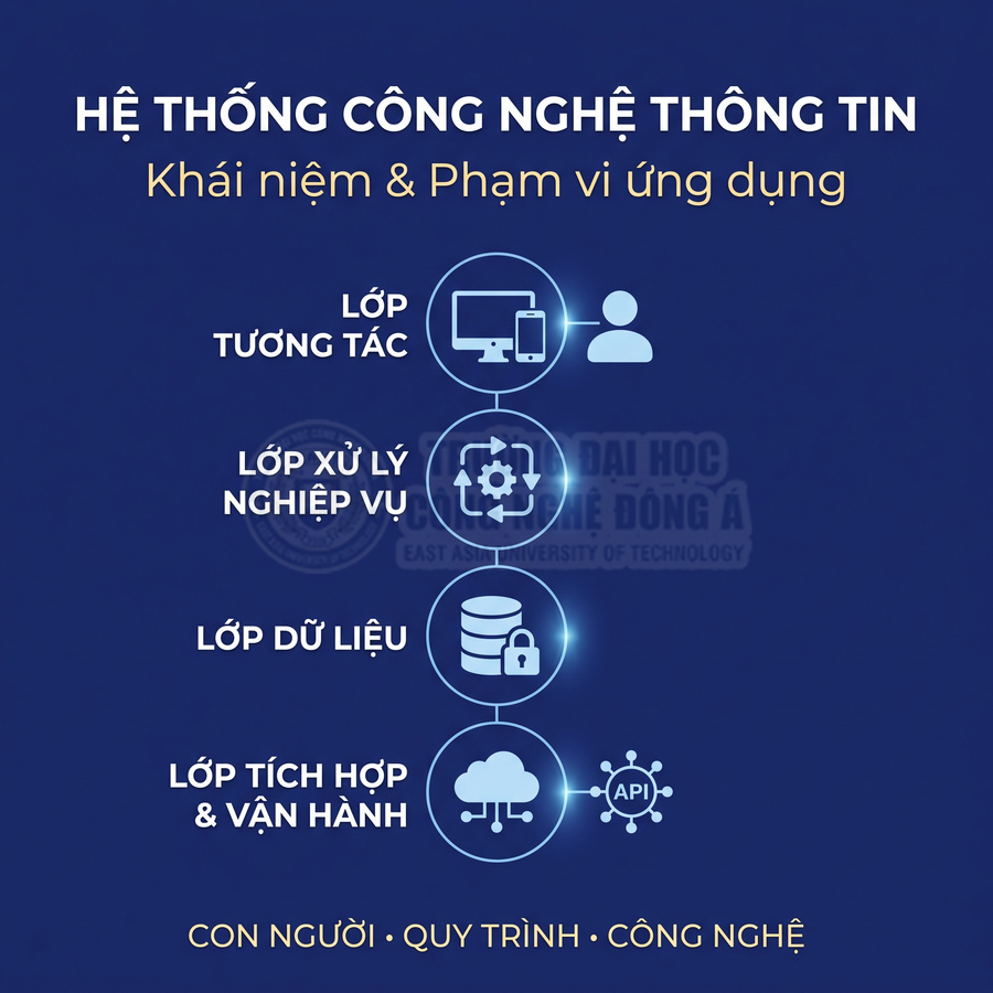 Các lớp của hệ thống công nghệ thông tin gồm tương tác, xử lý nghiệp vụ, dữ liệu, tích hợp và vận hành
