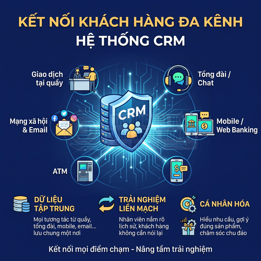 Hệ thống CRM ngân hàng kết nối khách hàng qua quầy, tổng đài, mạng xã hội, ATM và mobile banking