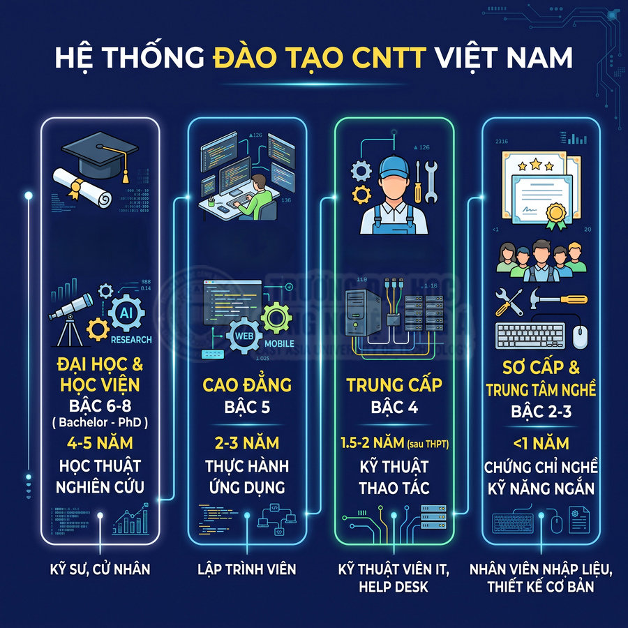 Infographic hệ thống đào tạo CNTT Việt Nam với các bậc đại học cao đẳng trung cấp sơ cấp và nghề nghiệp