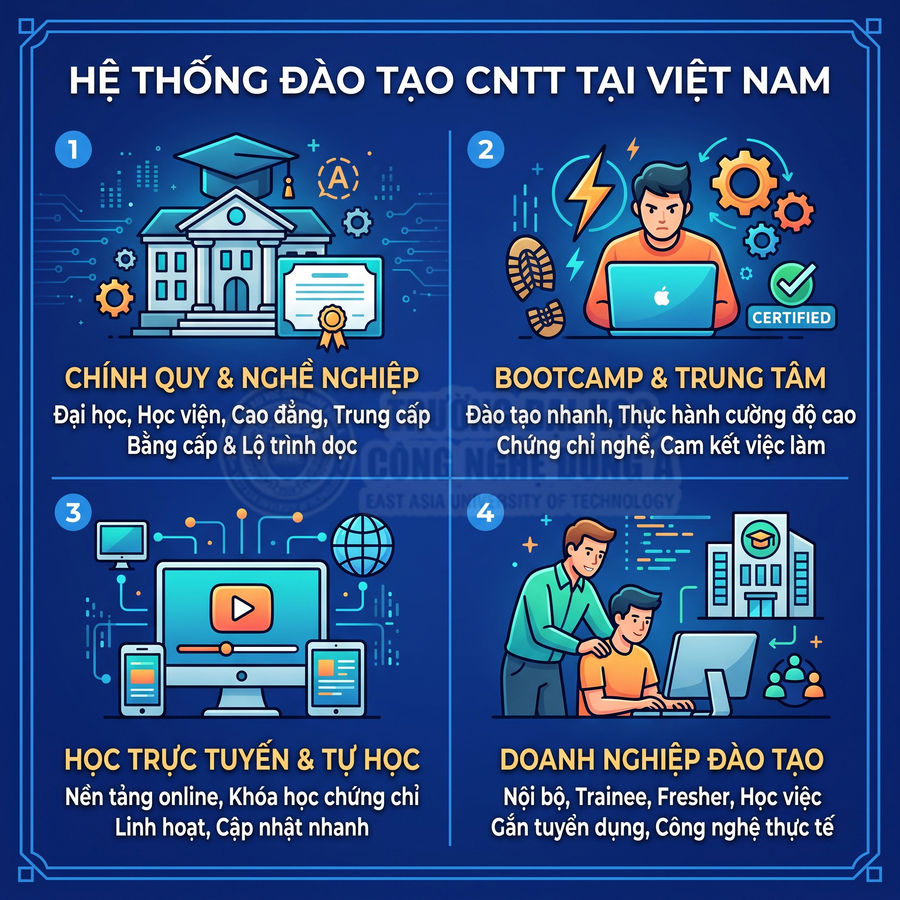 Infographic hệ thống đào tạo CNTT tại Việt Nam với 4 hình thức học và mô tả chi tiết từng lựa chọn