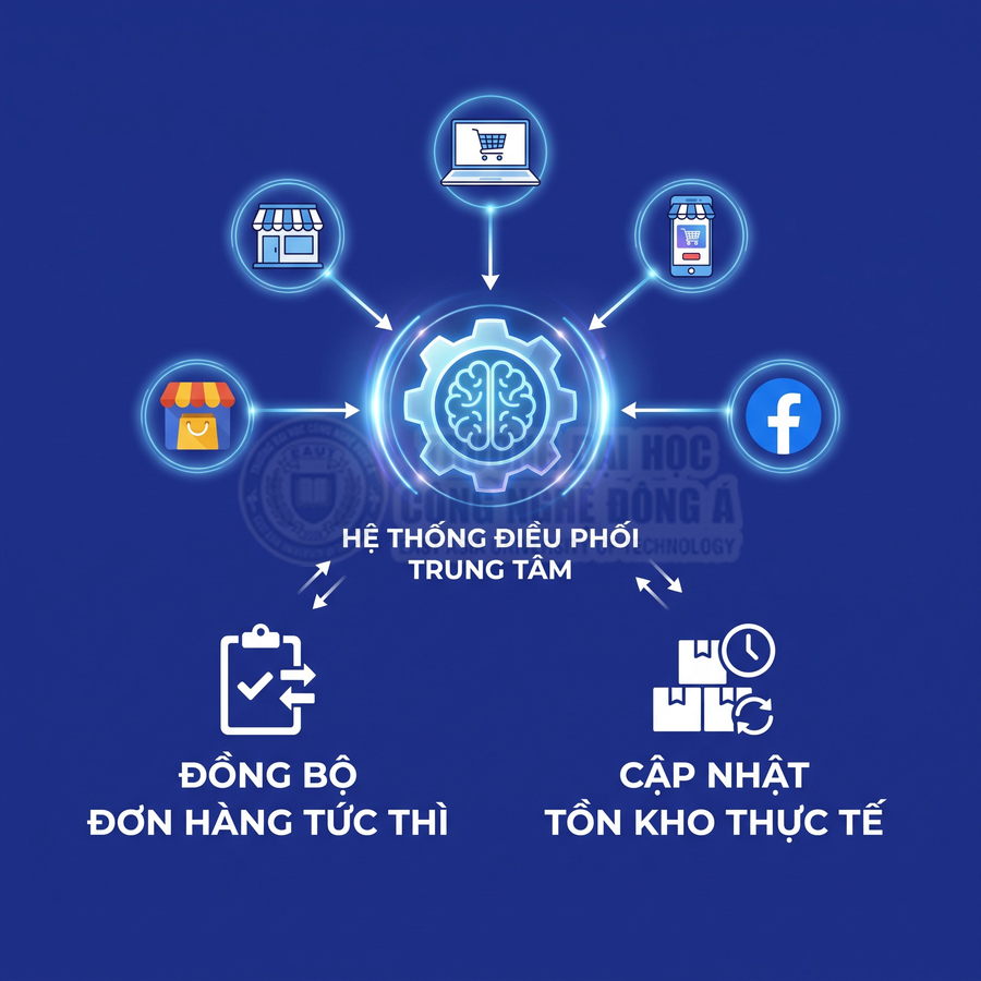 Hệ thống điều phối trung tâm đồng bộ đơn hàng tức thì và cập nhật tồn kho thực tế trên cửa hàng, website, ứng dụng và Facebook