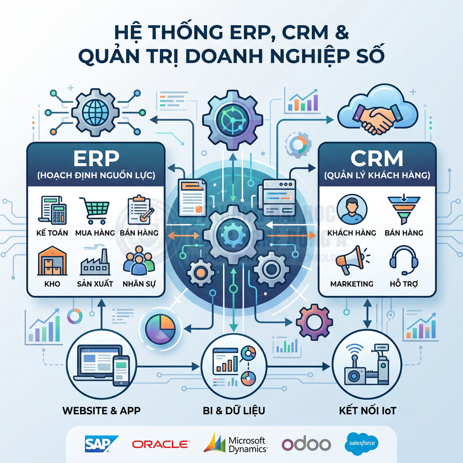 Mô hình hệ thống ERP và CRM tích hợp quản trị doanh nghiệp số, kết nối website, dữ liệu và IoT