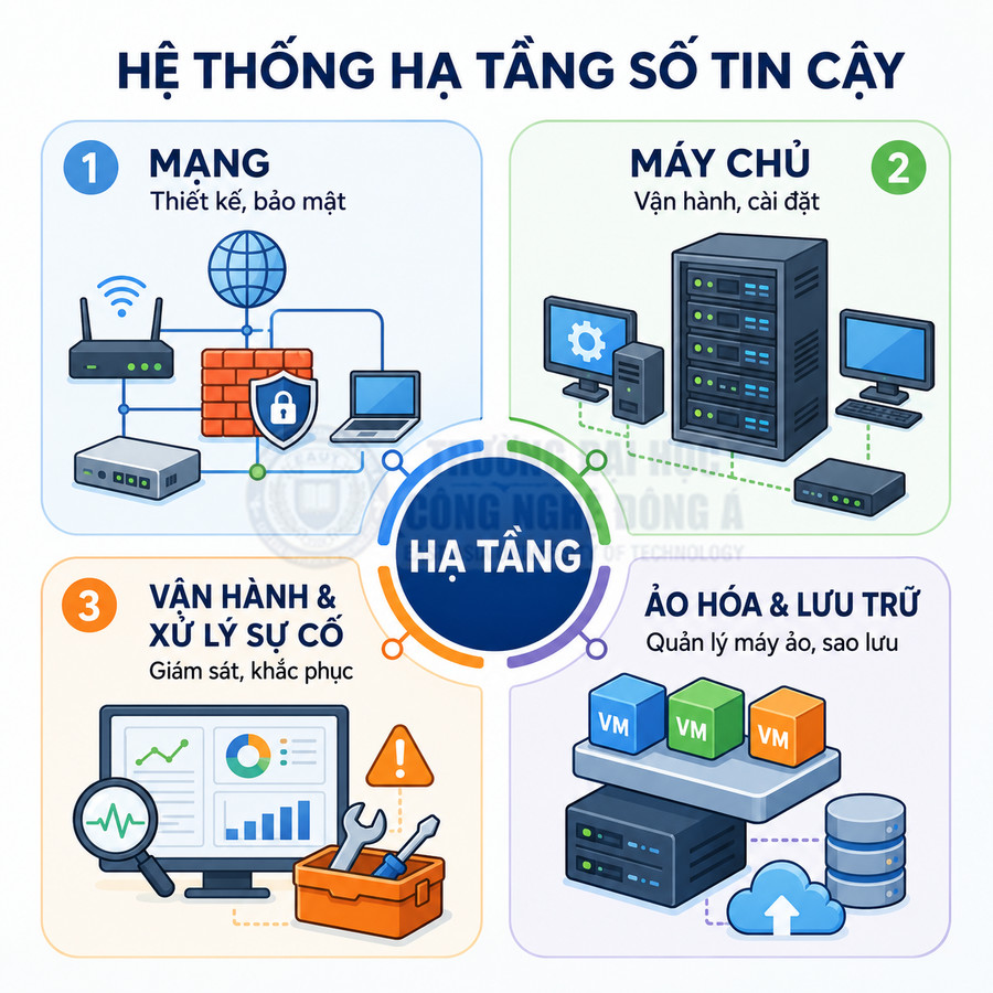 Mô hình hệ thống hạ tầng số tin cậy gồm mạng, máy chủ, vận hành sự cố và ảo hóa lưu trữ dữ liệu