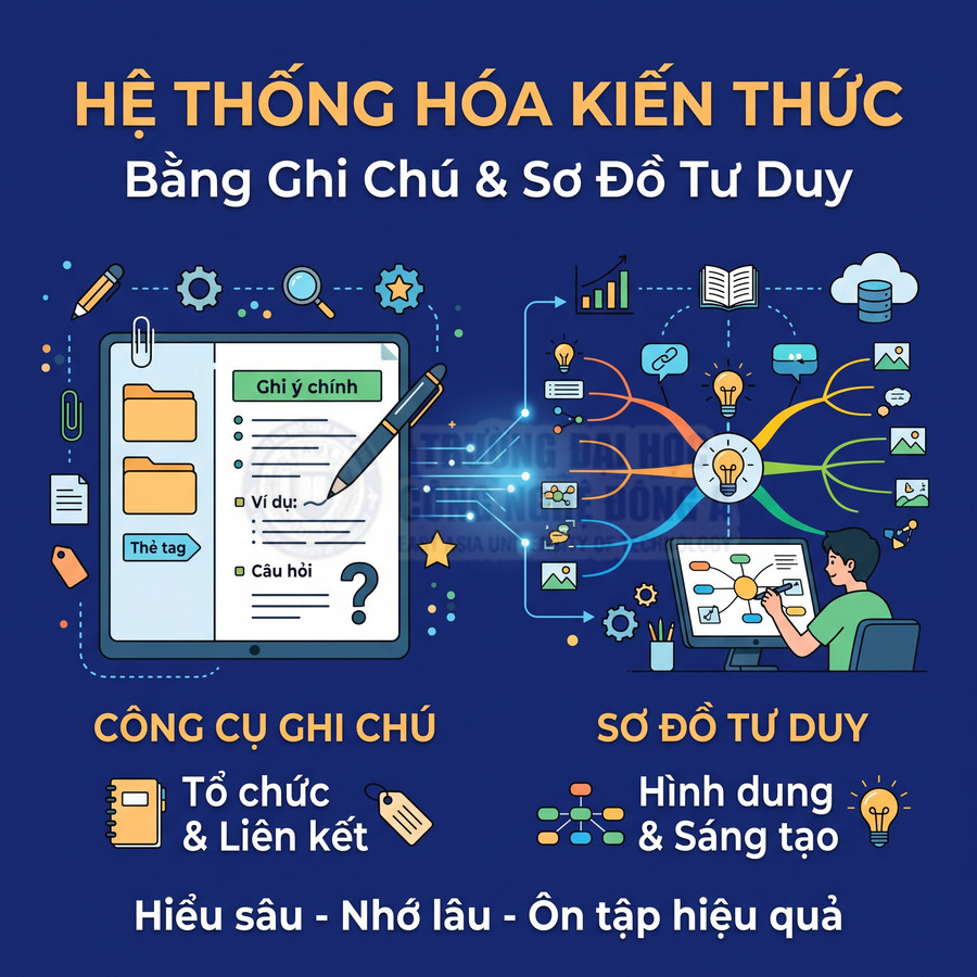 Hệ thống hóa kiến thức bằng công cụ ghi chú và sơ đồ tư duy để tổ chức liên kết và ôn tập hiệu quả