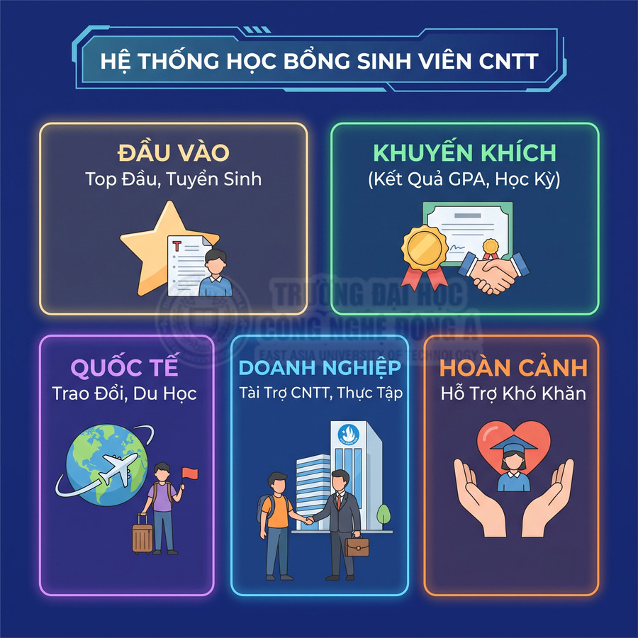 Hệ thống học bổng sinh viên CNTT với các loại đầu vào, khuyến khích, quốc tế, doanh nghiệp và hoàn cảnh khó khăn