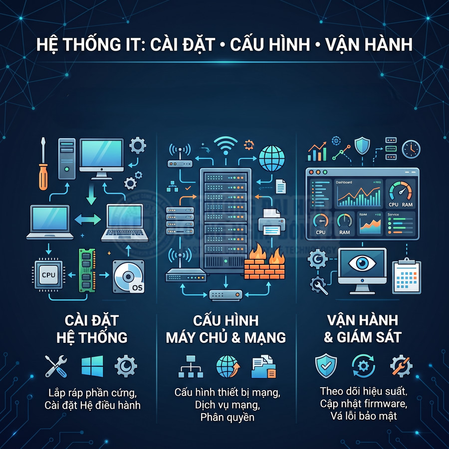Minh họa dịch vụ IT cài đặt hệ thống, cấu hình máy chủ mạng và vận hành giám sát hạ tầng công nghệ thông tin