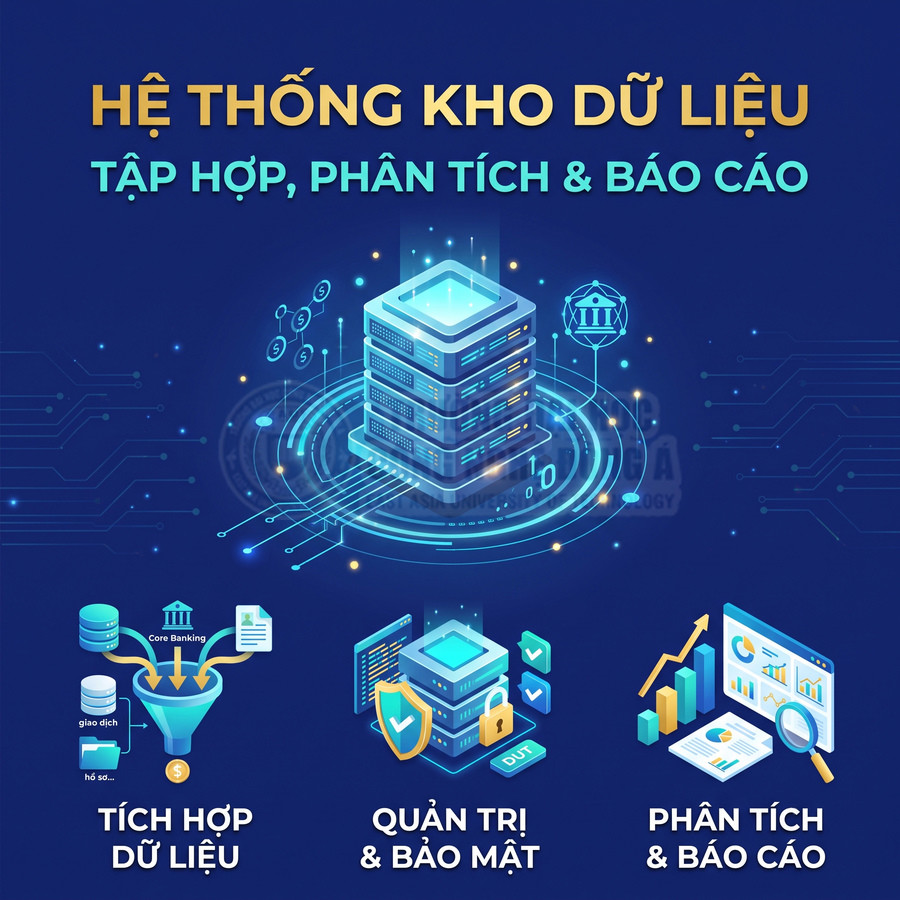 Hệ thống kho dữ liệu với máy chủ trung tâm, tích hợp dữ liệu, quản trị bảo mật và phân tích báo cáo.
