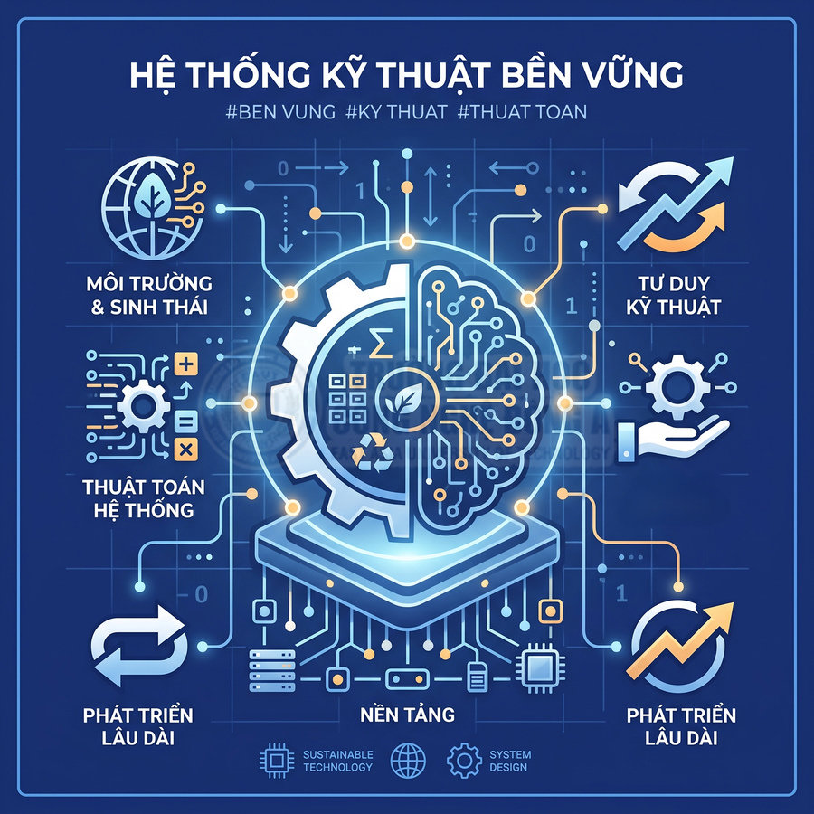 Minh họa hệ thống kỹ thuật bền vững với bộ não AI, bánh răng và biểu tượng môi trường, phát triển lâu dài