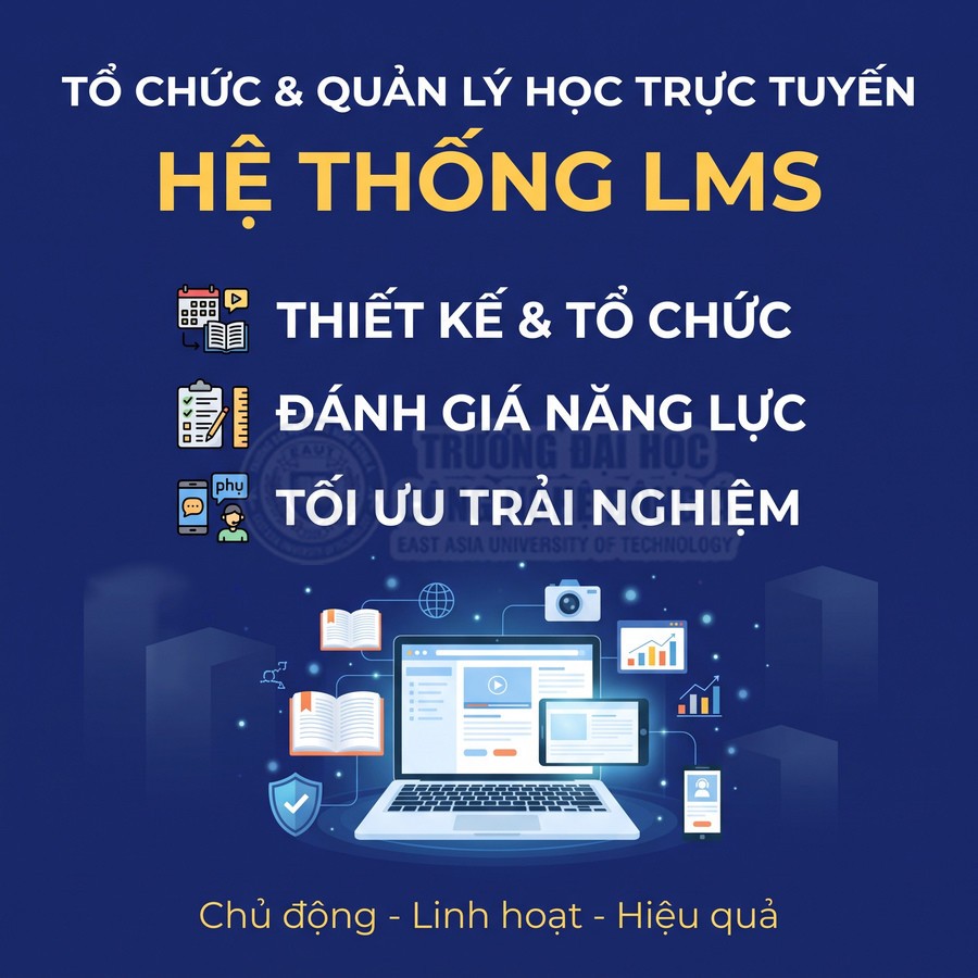 Hệ thống LMS tổ chức và quản lý học trực tuyến với laptop, máy tính bảng, sách và biểu tượng học tập số