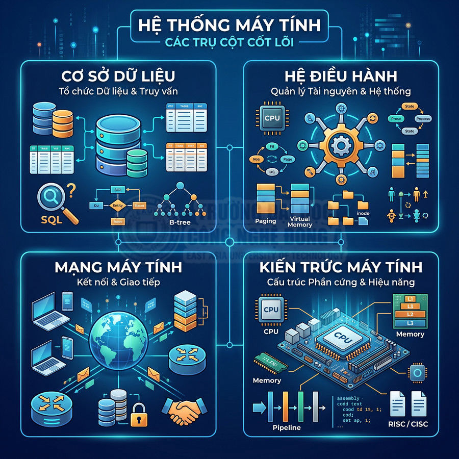 Sơ đồ hệ thống máy tính với các trụ cột cơ sở dữ liệu, hệ điều hành, mạng máy tính và kiến trúc phần cứng