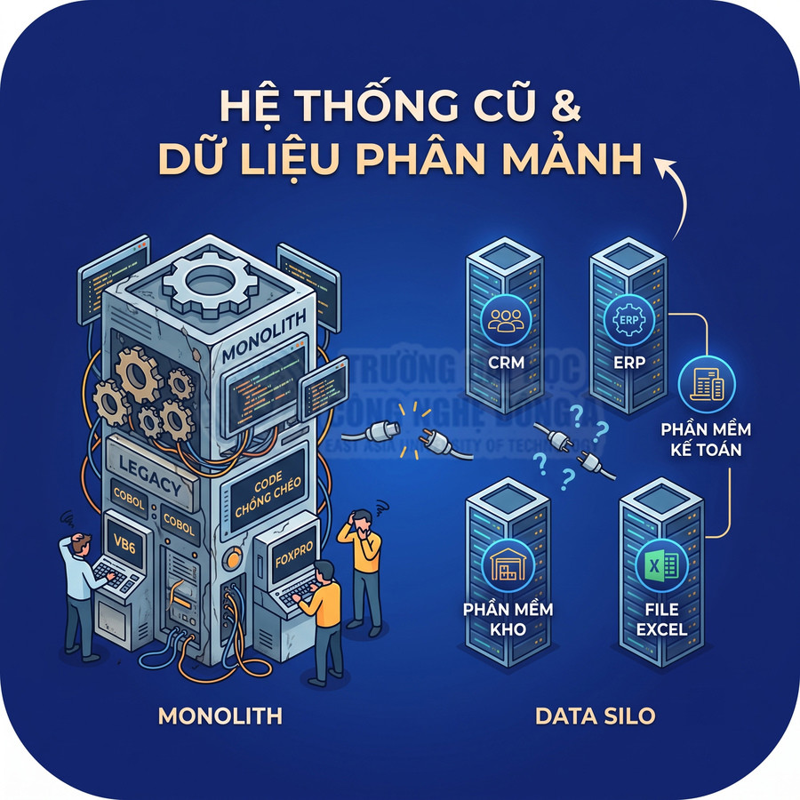 Minh họa hệ thống phần mềm monolith cũ và các kho dữ liệu rời rạc CRM ERP kế toán kho Excel