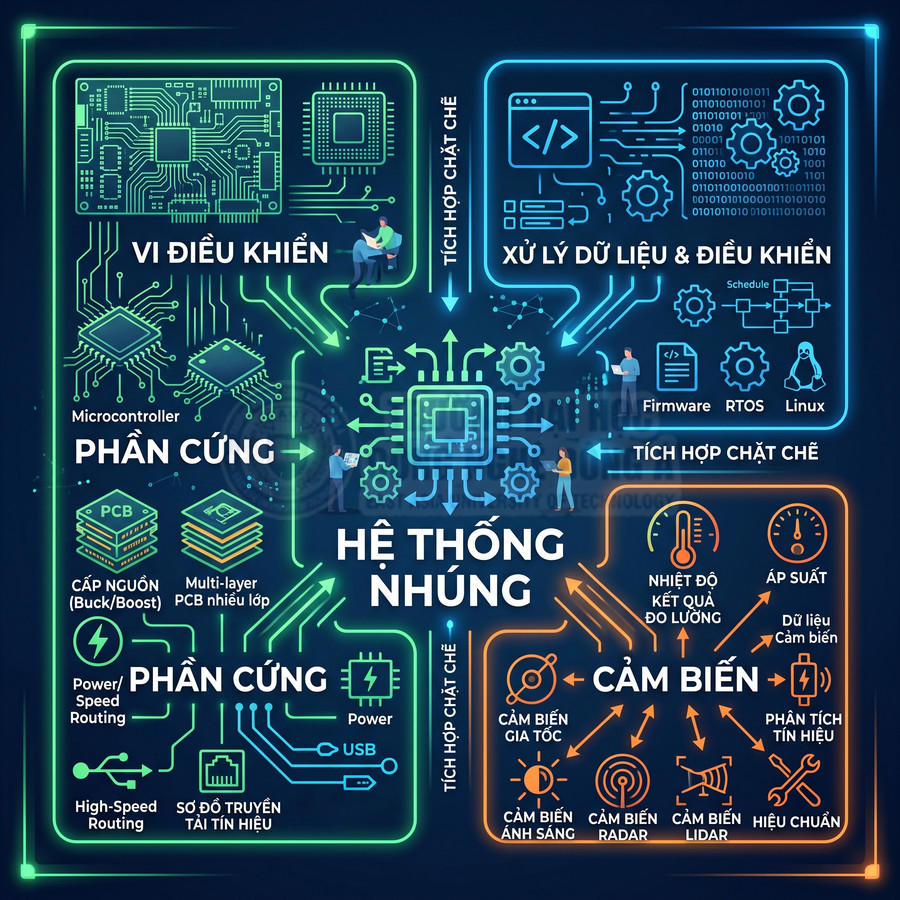 Sơ đồ hệ thống nhúng với vi điều khiển, phần cứng, cảm biến và xử lý dữ liệu điều khiển tích hợp chặt chẽ