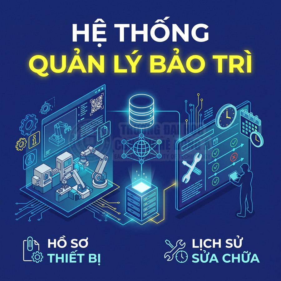 Minh họa hệ thống quản lý bảo trì thiết bị công nghiệp, theo dõi hồ sơ thiết bị và lịch sử sửa chữa trên nền tảng số