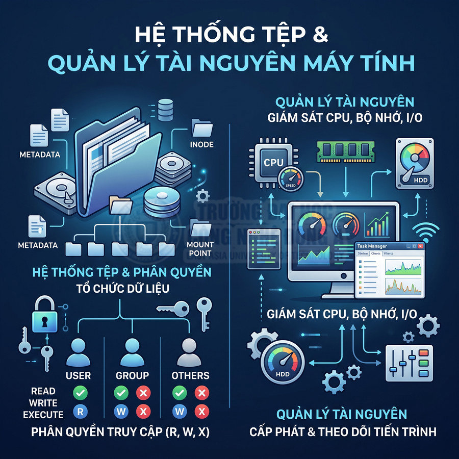 Minh họa hệ thống tệp và quản lý tài nguyên máy tính, phân quyền truy cập và giám sát CPU, bộ nhớ, ổ cứng