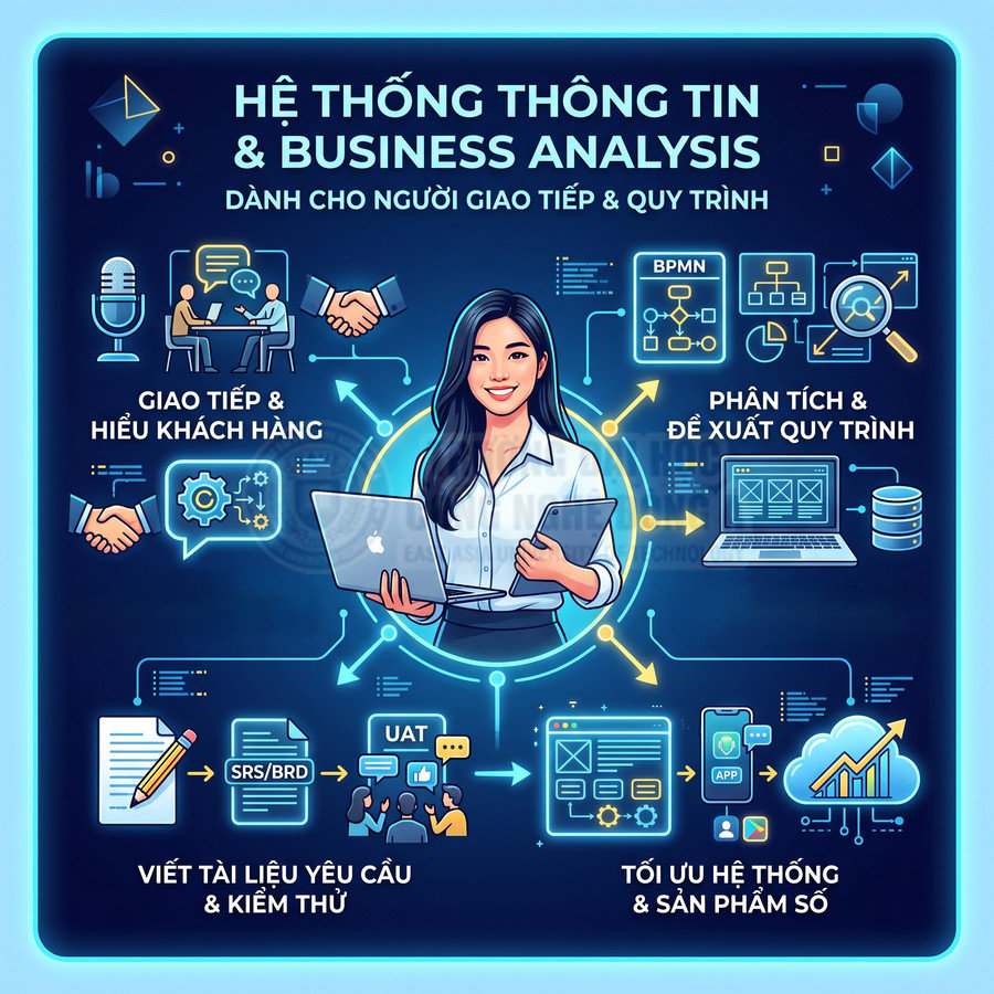 Minh họa nữ chuyên viên Business Analyst cầm laptop và tablet, mô tả quy trình phân tích và tối ưu hệ thống thông tin