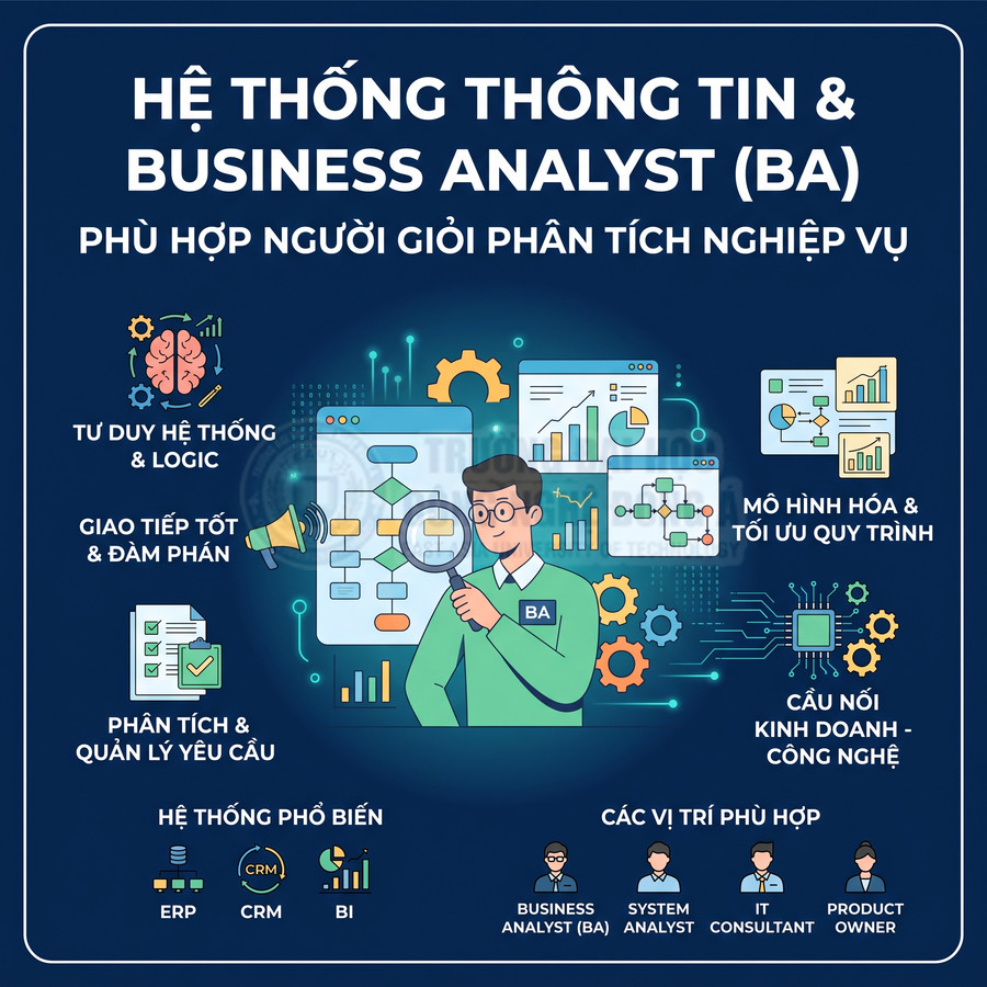 Minh họa hệ thống thông tin và Business Analyst với biểu đồ, quy trình và kỹ năng phân tích nghiệp vụ