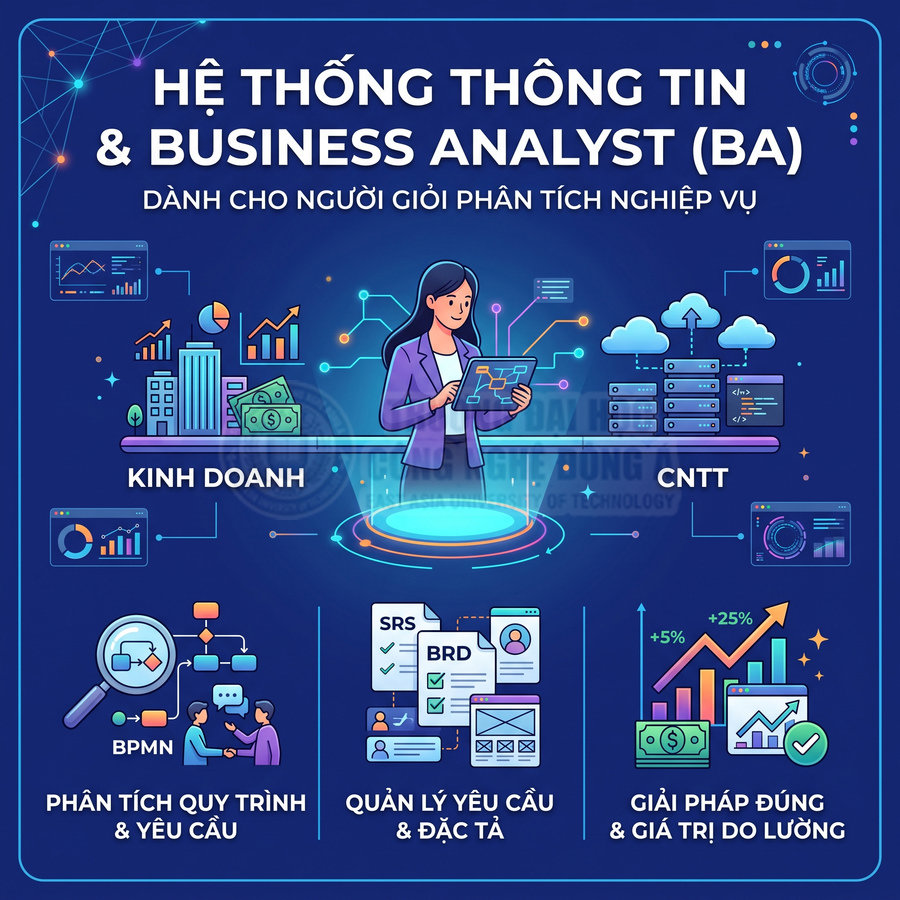 Minh họa hệ thống thông tin và Business Analyst BA kết nối kinh doanh với CNTT, phân tích quy trình và quản lý yêu cầu