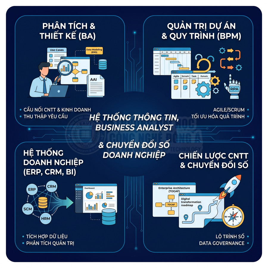 Mô hình hệ thống thông tin, business analyst và chuyển đổi số doanh nghiệp với các phân hệ ERP CRM BI BPM