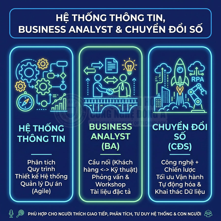 Poster giới thiệu khóa học hệ thống thông tin, business analyst và chuyển đổi số với các biểu tượng neon trực quan