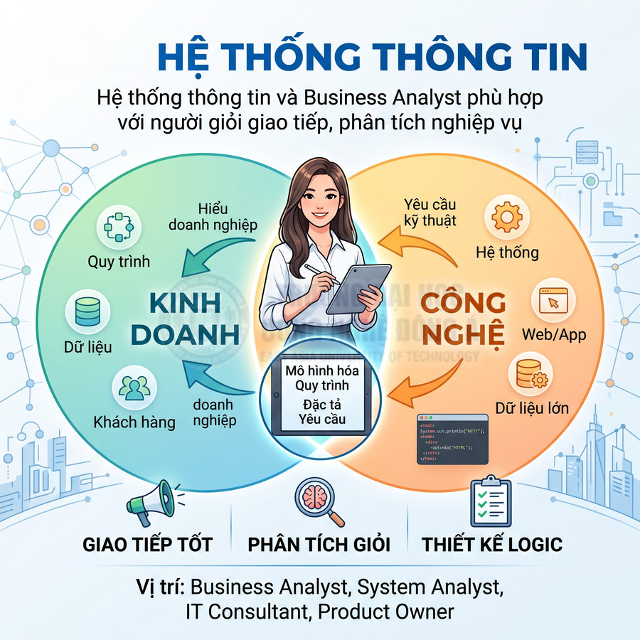 Mô tả vai trò Business Analyst kết nối kinh doanh và công nghệ trong hệ thống thông tin, yêu cầu kỹ năng giao tiếp và phân tích