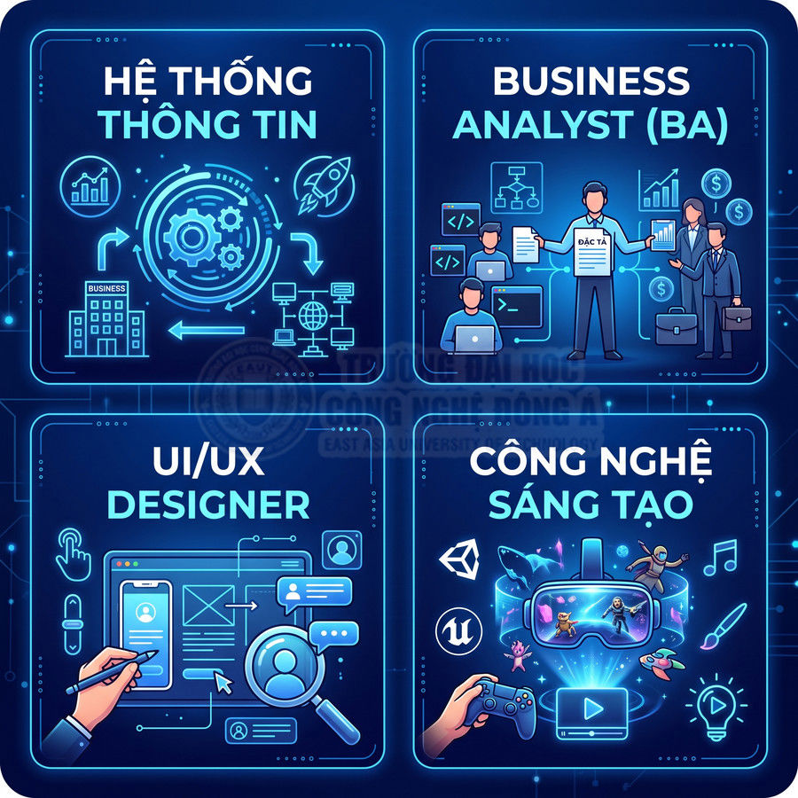 Minh họa các ngành hệ thống thông tin, business analyst, UI UX designer và công nghệ sáng tạo trong lĩnh vực công nghệ số