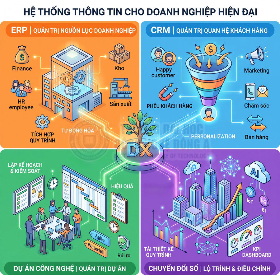Mô hình hệ thống thông tin doanh nghiệp hiện đại với ERP, CRM, quản trị dự án và chuyển đổi số DX