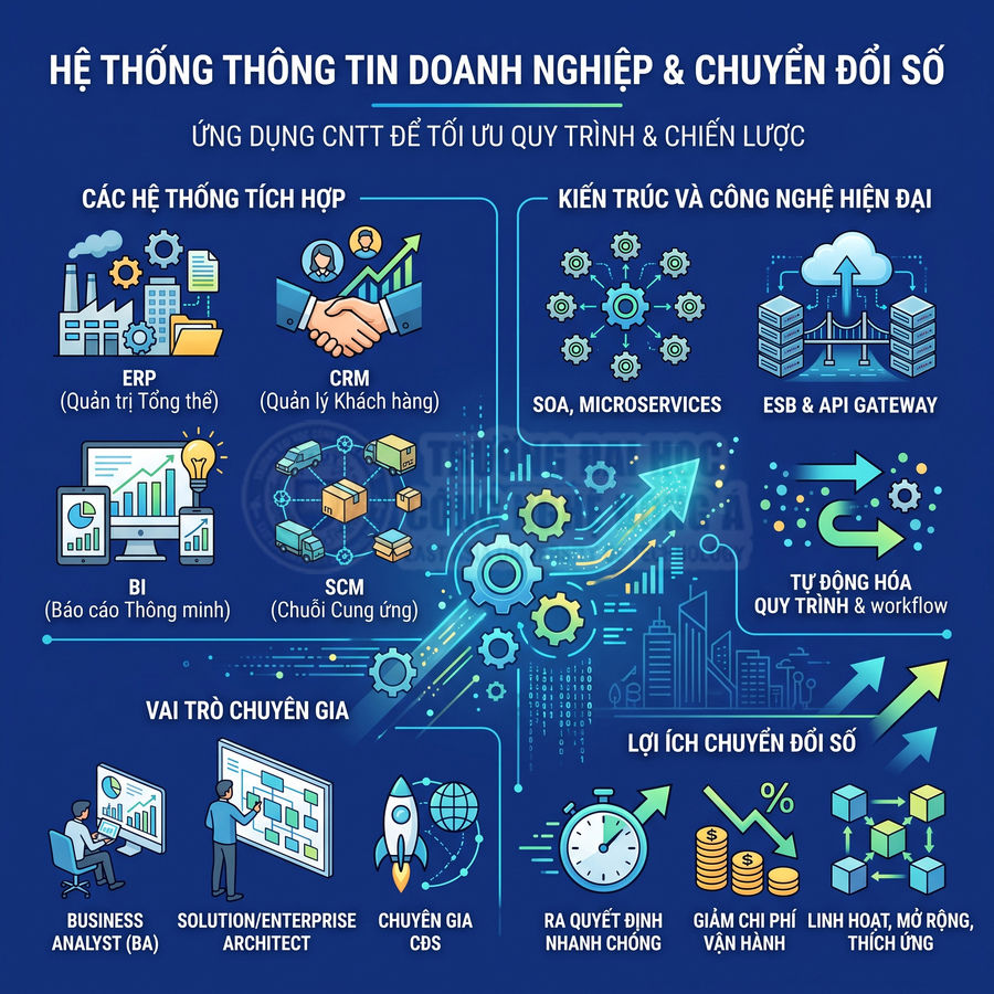 Infographic hệ thống thông tin doanh nghiệp và chuyển đổi số với ERP CRM BI SCM và kiến trúc công nghệ hiện đại