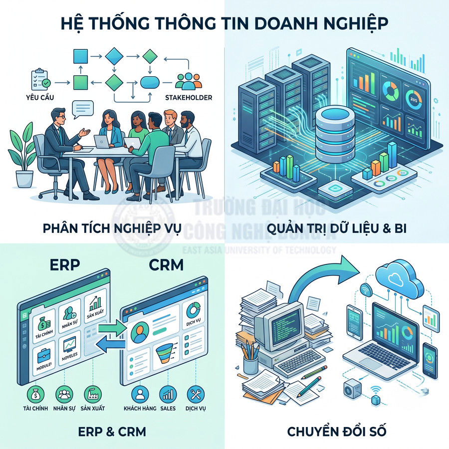 Minh họa hệ thống thông tin doanh nghiệp với phân tích nghiệp vụ, quản trị dữ liệu BI, giải pháp ERP CRM và chuyển đổi số