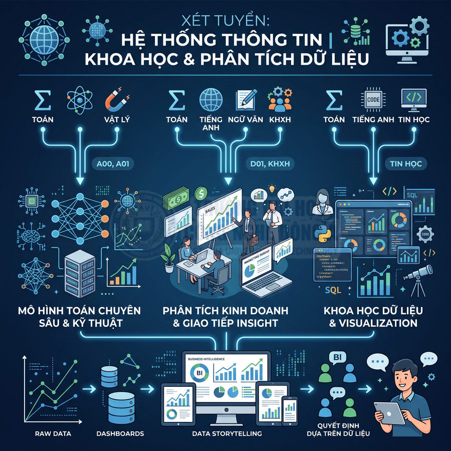 Poster giới thiệu ngành hệ thống thông tin khoa học và phân tích dữ liệu với các môn xét tuyển và cơ hội nghề nghiệp