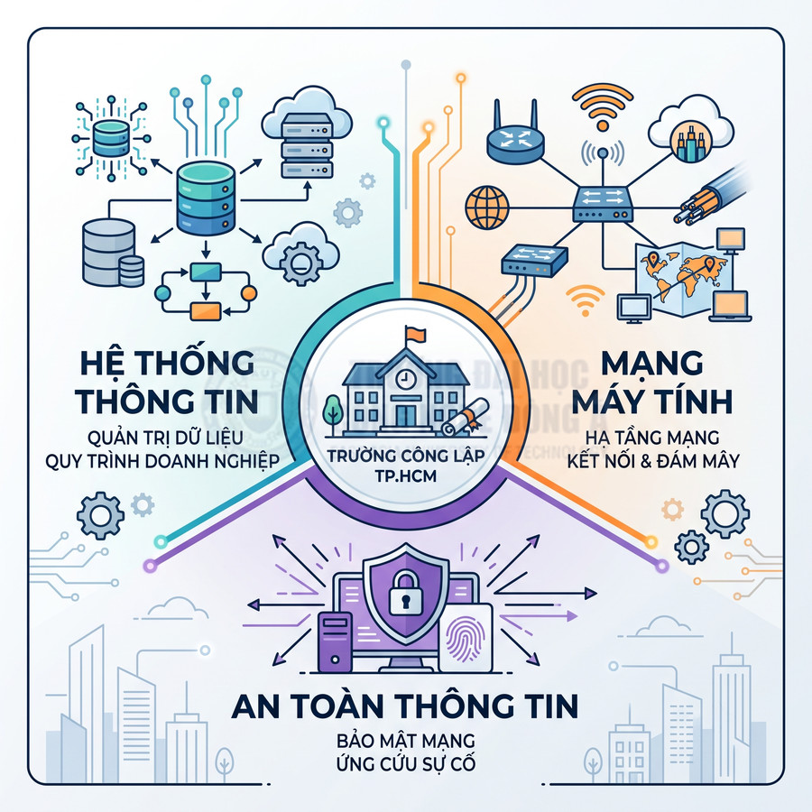 Infographic các ngành hệ thống thông tin, mạng máy tính, an toàn thông tin tại trường công lập TP HCM