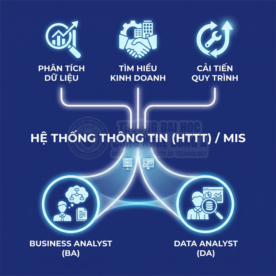 Sơ đồ hệ thống thông tin MIS với các hướng phân tích dữ liệu, kinh doanh, cải tiến quy trình, nghề BA và DA
