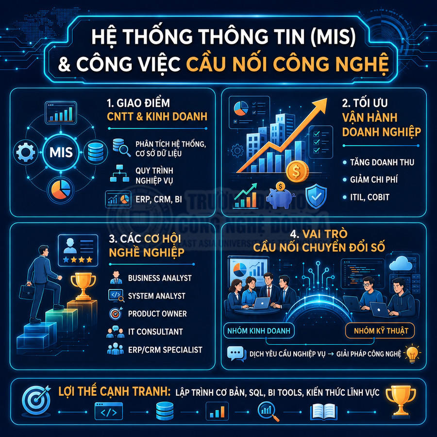 Hệ thống thông tin quản lý MIS mô tả vai trò cầu nối công nghệ, tối ưu vận hành và cơ hội nghề nghiệp trong chuyển đổi số