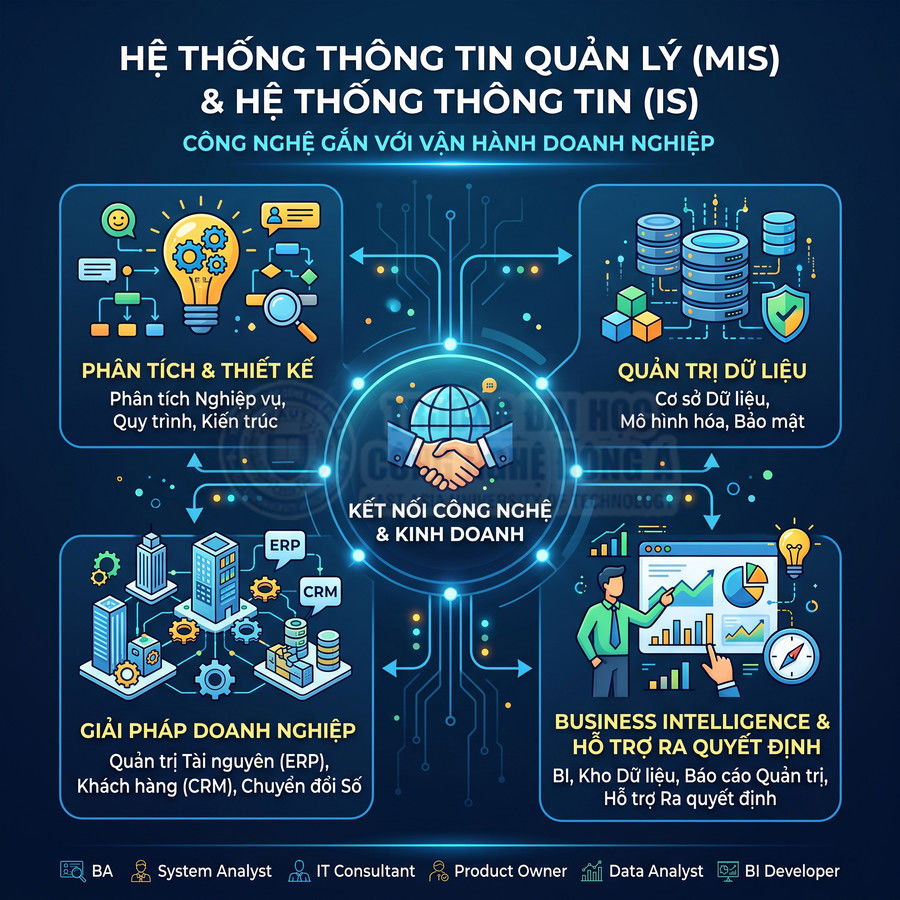 Infographic hệ thống thông tin quản lý MIS IS kết nối công nghệ và kinh doanh, phân tích thiết kế, quản trị dữ liệu, BI và giải pháp doanh nghiệp