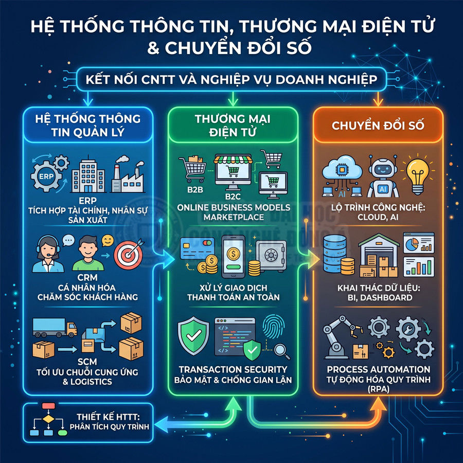 Infographic hệ thống thông tin quản lý, thương mại điện tử và chuyển đổi số cho doanh nghiệp