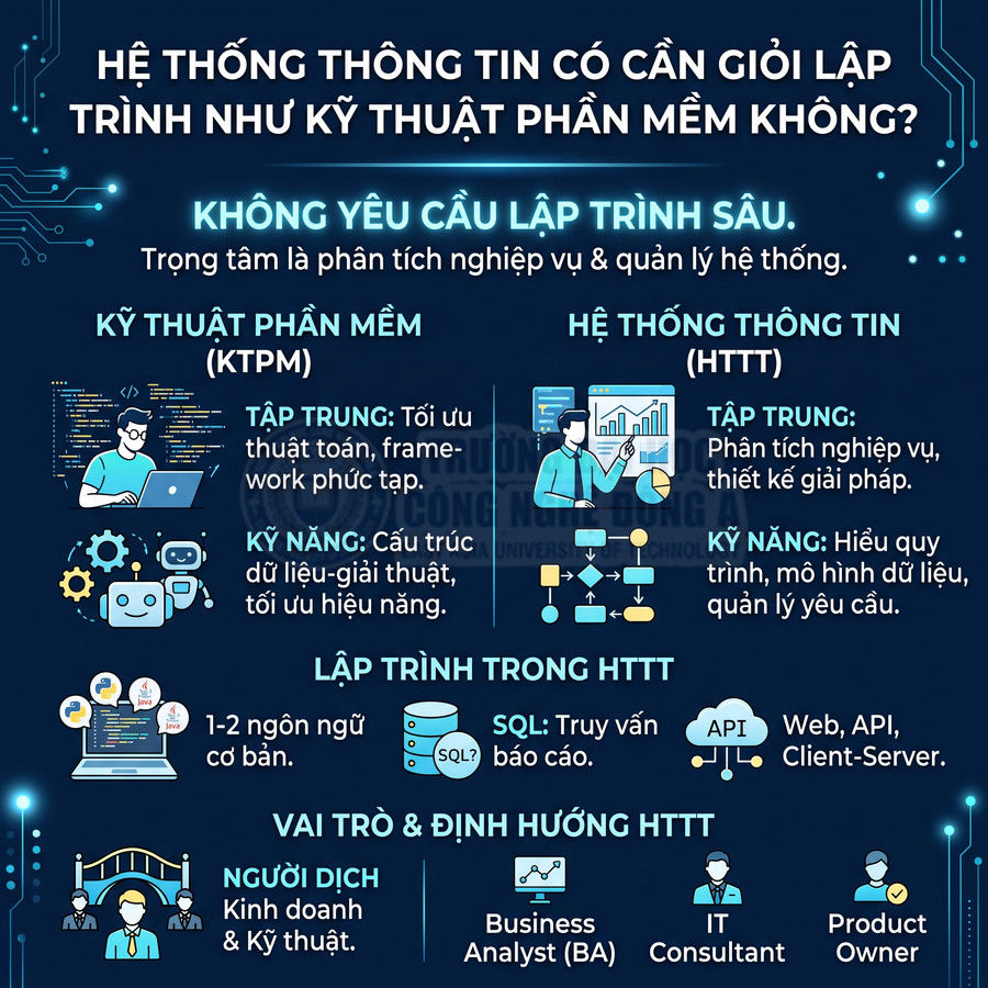 Infographic so sánh ngành kỹ thuật phần mềm và hệ thống thông tin, nhấn mạnh không cần giỏi lập trình