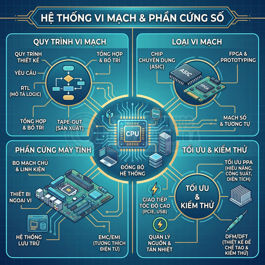 Sơ đồ hệ thống vi mạch và phần cứng số với CPU trung tâm, bo mạch chủ, chip ASIC và các bước thiết kế kiểm thử