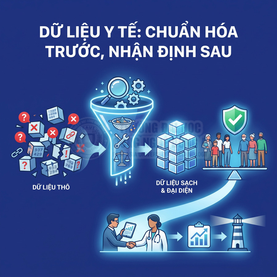 Quy trình chuẩn hóa dữ liệu y tế thô thành dữ liệu sạch, đại diện phục vụ phân tích và chăm sóc bệnh nhân.