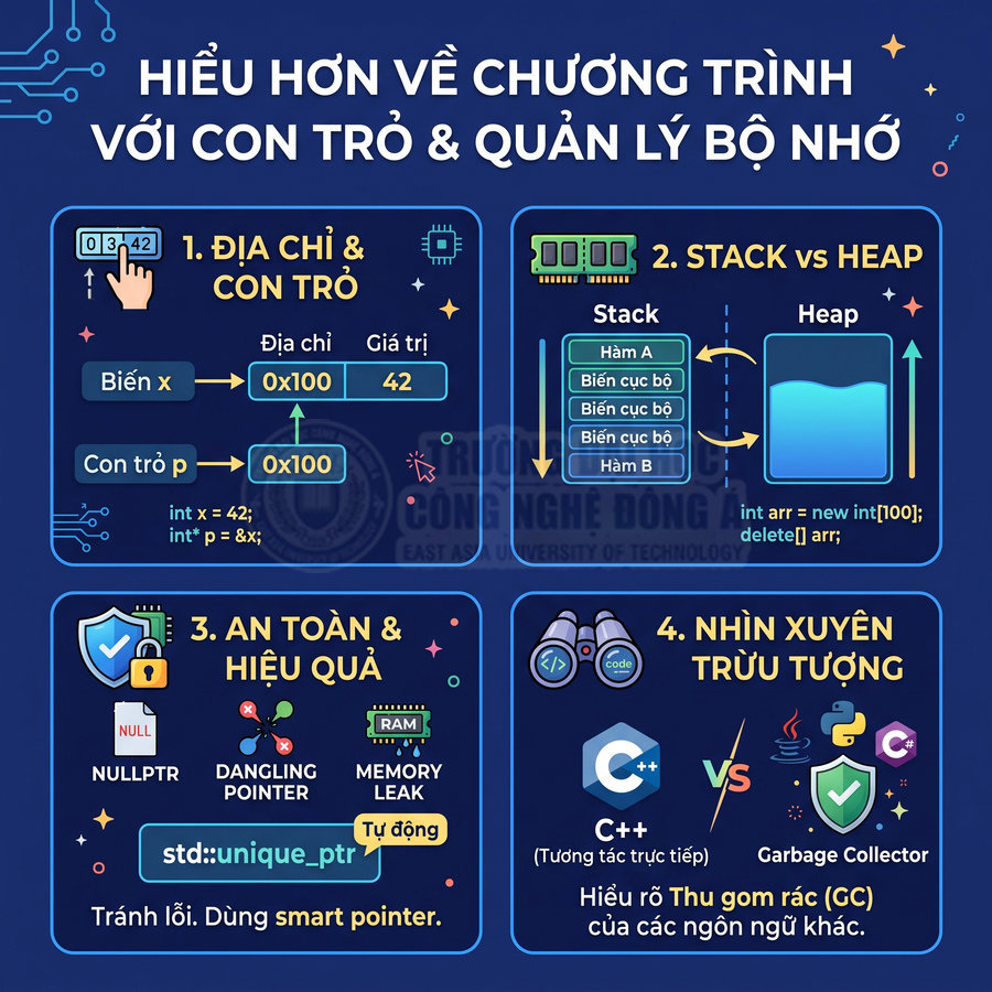 Infographic tiếng Việt giải thích con trỏ, quản lý bộ nhớ, stack vs heap và smart pointer trong lập trình C++