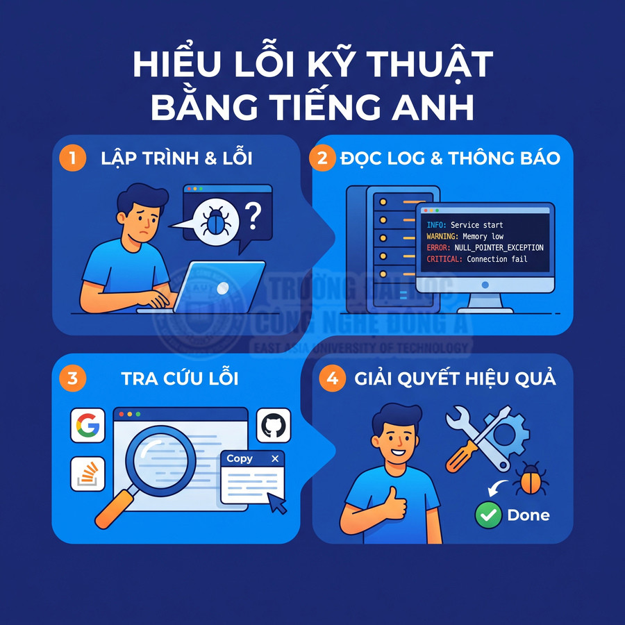 Quy trình 4 bước hiểu và xử lý lỗi kỹ thuật bằng tiếng Anh cho lập trình viên