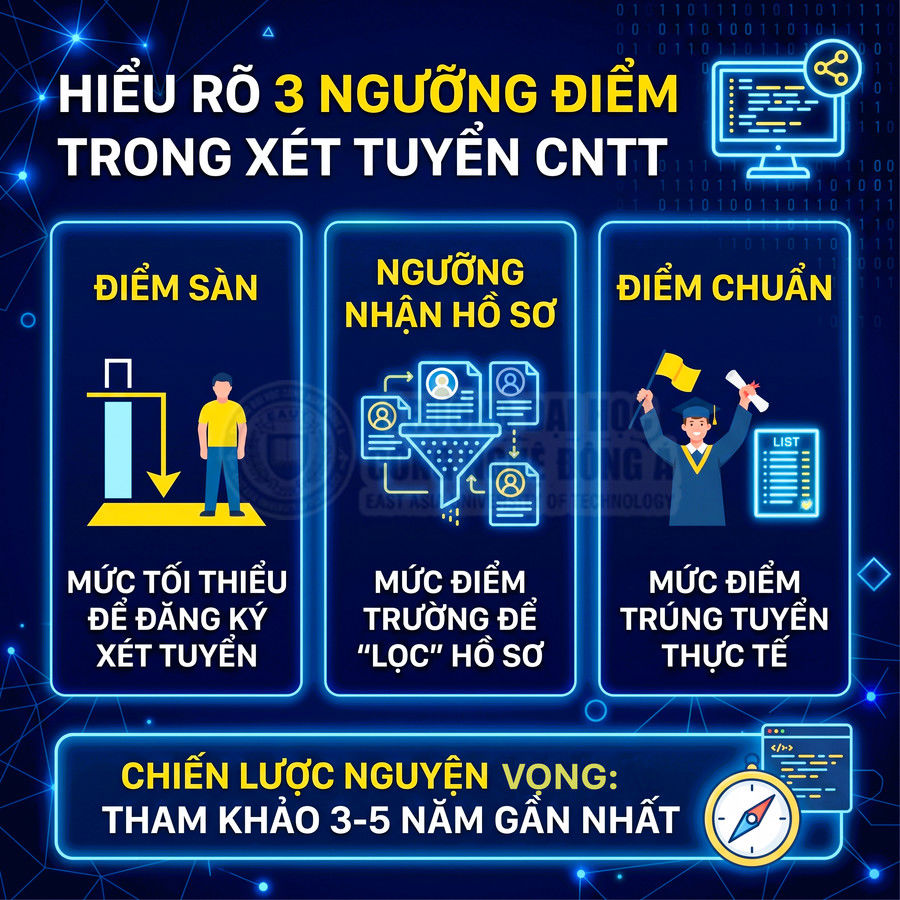 Infographic giải thích 3 ngưỡng điểm xét tuyển ngành công nghệ thông tin và chiến lược chọn nguyện vọng