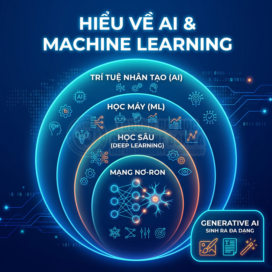 Sơ đồ minh họa mối quan hệ giữa trí tuệ nhân tạo, học máy, học sâu, mạng nơ ron và Generative AI