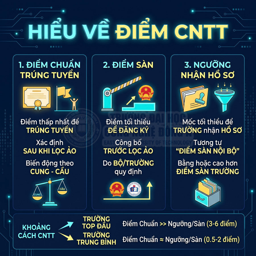 Infographic giải thích điểm chuẩn trúng tuyển, điểm sàn và ngưỡng nhận hồ sơ ngành CNTT cho thí sinh