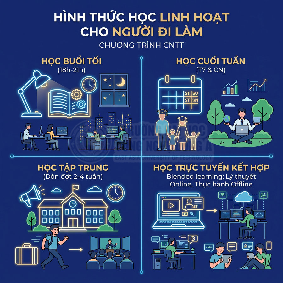Các hình thức học linh hoạt cho người đi làm trong chương trình CNTT: tối, cuối tuần, tập trung, trực tuyến kết hợp