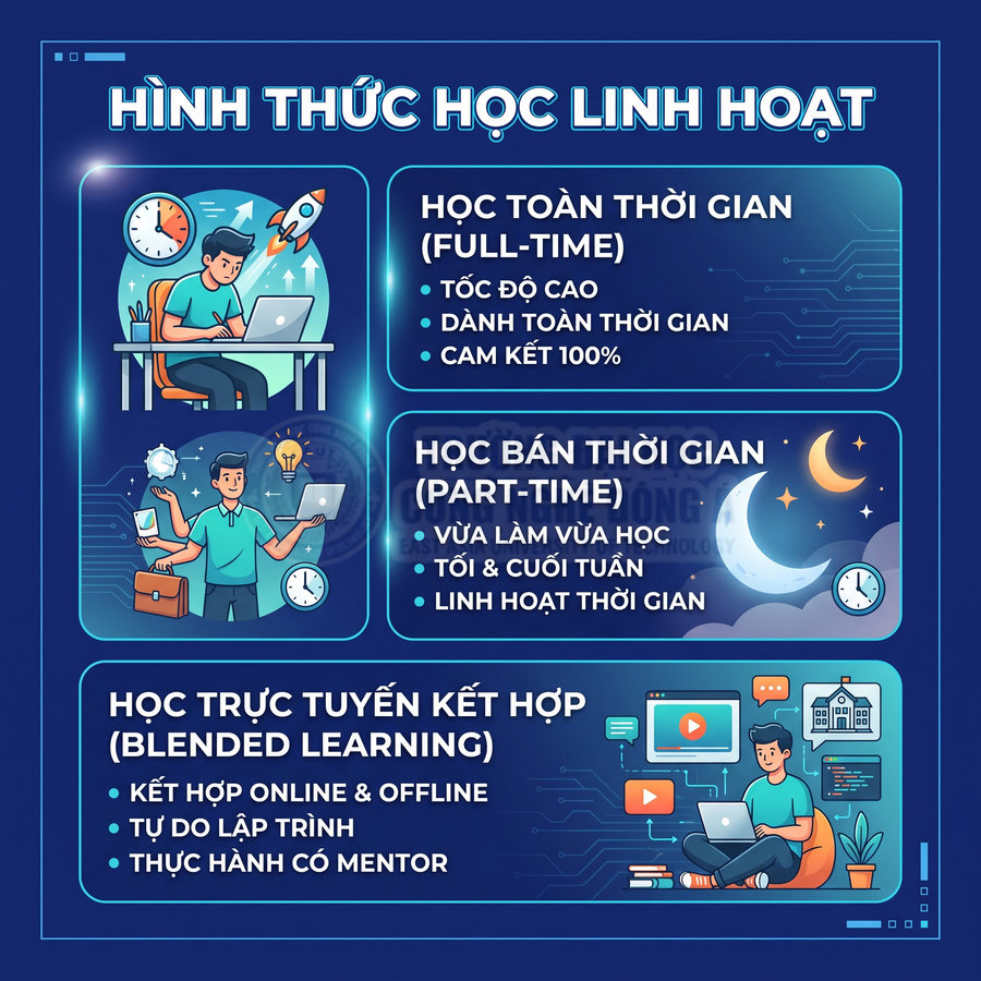 Poster giới thiệu các hình thức học linh hoạt full time part time và học trực tuyến kết hợp